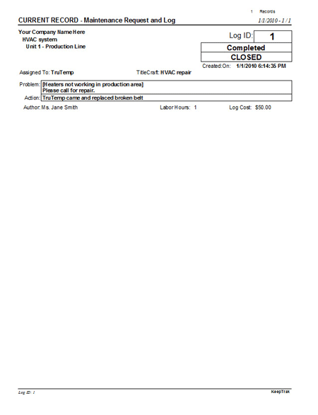 Sample KeepTraK Log Report