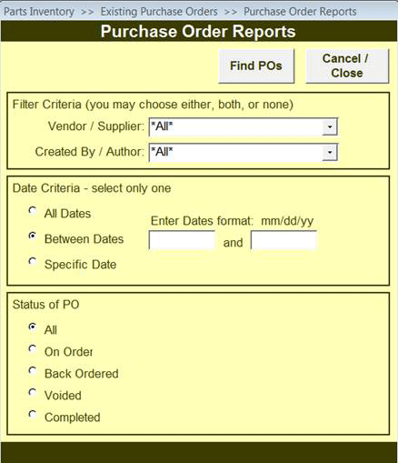 KeepTraK Parts Report Menu