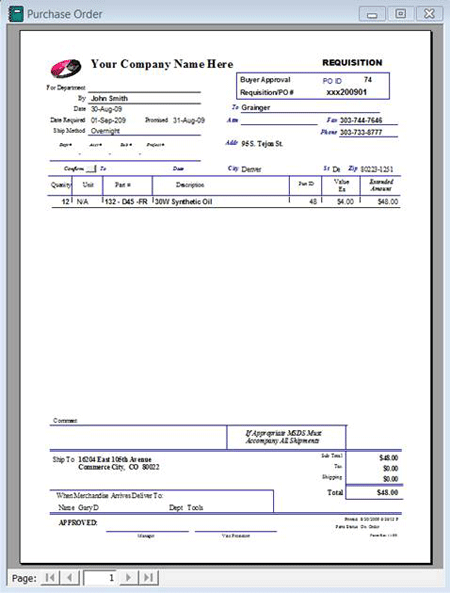 KeepTraK Sample Purchase Order from Parts