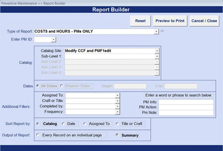Report Menu screen shot: KeepTraK Preventive Maintenance Software